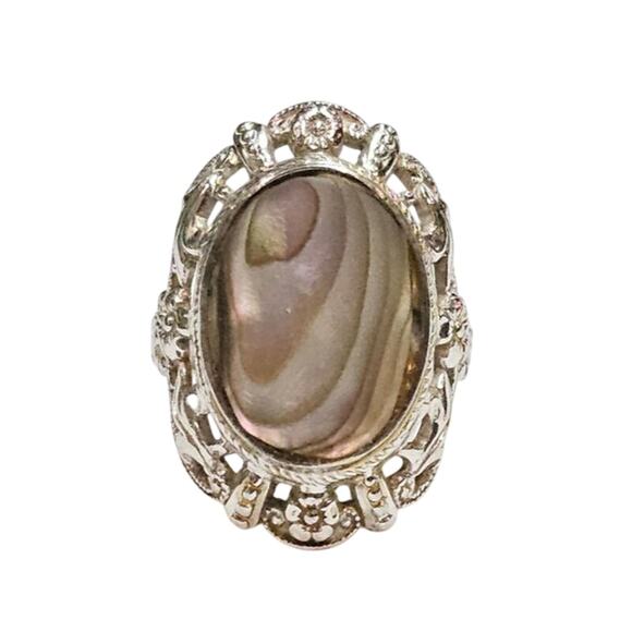 Vintage Uncas Sterling Silver Abalone Ring - Milgrain, Orange Blossom, Size 7 - Picture 1 of 3